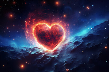 A 3D-rendered heart-shaped planet orbiting a cosmic nebula | conveying love on a galactic scale | Heart in the space