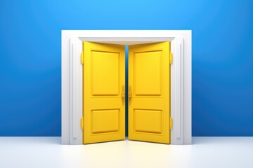 Minimalist doorway. Yellow doors frame the entrance to a white, bright space.