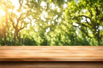 Wood table top  it and bokeh background of a green tree garden. Food and product display