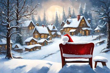 A holiday art card. Santa hat on a seat in the snow with the Christmas winter forest in the backdrop. Background image a village house. Wonderland - obrazy, fototapety, plakaty