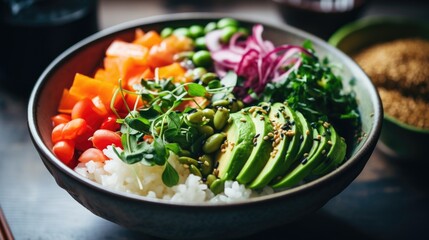 A bowl of vegetables and rice on a table
