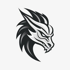 A black and white dragon head on a white background