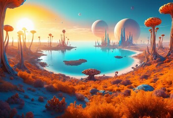 AI generated illustration of an alien terrain, painted in the style of a classic fantasy island - obrazy, fototapety, plakaty