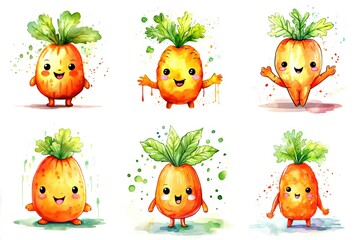 A bunch of cartoon carrots with different expressions, watercolor clipart on white background.