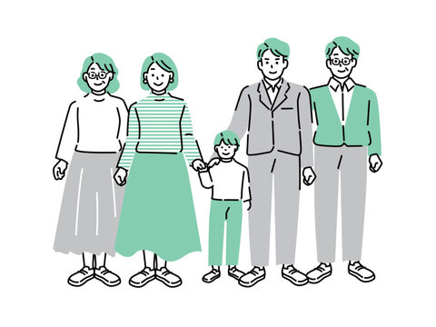 家族のイラスト(5人家族、将来、子育て、老後、ローン、積立、マイホーム、3世代、小学生)