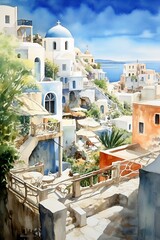 AI-generated illustration of a watercolor painting of Santorini, Greece.
