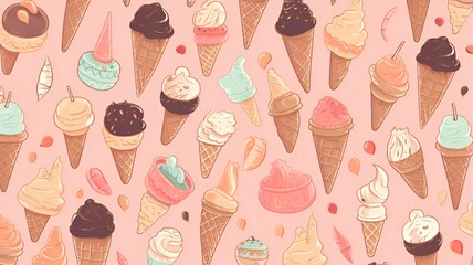 AI generated illustration of A vibrant background featuring a variety of different ice cream cones