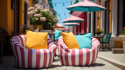 Fototapeta na wymiar Colorful Bean Bag Chairs Relax Outdoor ,Bright Background, Background Hd