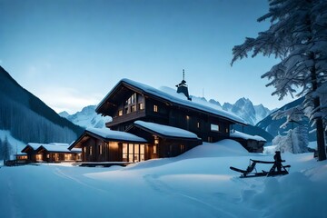 Winter ski lodge and cabin in an Austrian tyrol mountainscape - obrazy, fototapety, plakaty