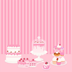 Cake and dessert on pink striped background