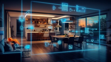 Modern living space featuring futuristic smart technology, AI-generated.
