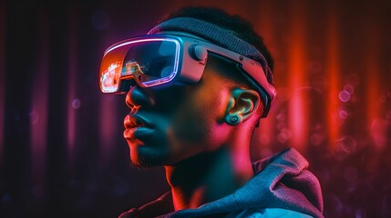 Naklejka na ściany i meble Young man wearing futuristic glasses, AI-generated.
