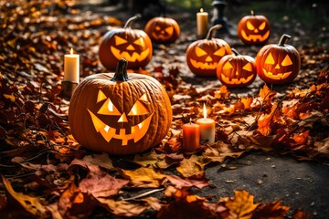 Jack-o-lantern Halloween pumpkins that are spooky in the sun on the ground among dried leaves at a roadway. Funny pumpkin with candles on a candlestick for All Hallows'