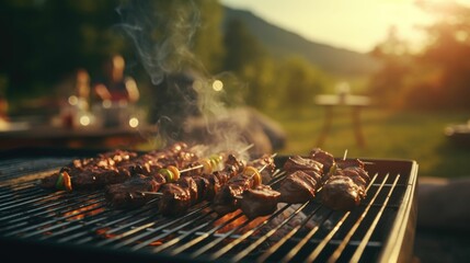 Barbecue in action, with various types of meat sizzling over an open flame, AI-generated.