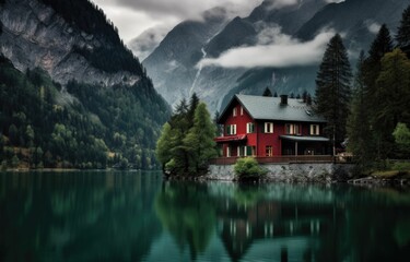 Fototapeta na wymiar AI generated illustration of an idyllic house situated on the shore of a tranquil lake