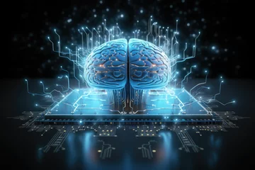 Tuinposter AI generated illustration of a human brain in blue glowing circuits © Wirestock