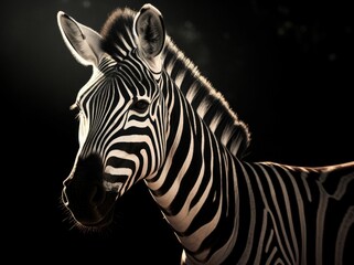 AI generated illustration of a zebra portrait on a dark background