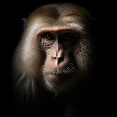 AI generated illustration of a monkey portrait on a dark background - obrazy, fototapety, plakaty