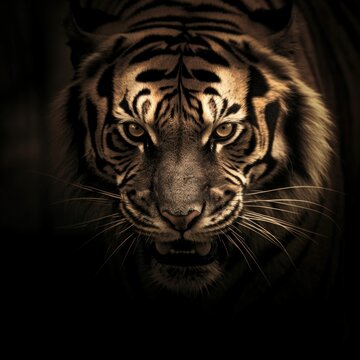 AI generated illustration of a Bengal tiger portrait on a dark background
