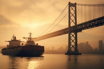 Fototapeta premium AI generated illustration of a cargo ship sailing along a bridge at sunset