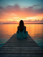 Fototapeta premium AI generated illustration of A young female sitting on a wooden dock at a sunset near the ocean
