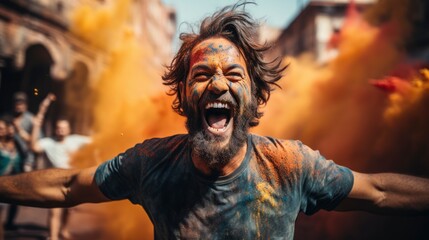 Obraz premium People Celebrating Holi Festival Colors Nepal ,Bright Background, Background Hd