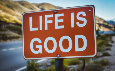 AI generated illustration of a 'Life is good' road sign on the highway road