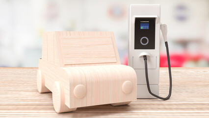 Ev station and wood car  on Table for Technology concept 3d rendering