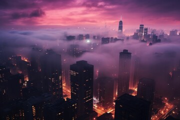 AI generated illustration of a majestic nighttime  urban skyline shrouded in dense fog