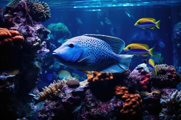 AI generated illustration of a small blue fish swims in a clear aquarium filled with live coral