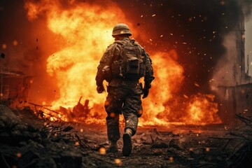 AI generated illustration of a lone military personnel striding through the flames - obrazy, fototapety, plakaty