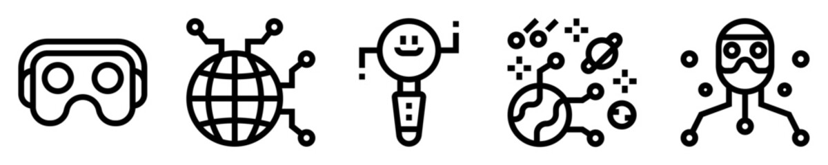 Conjunto de iconos de realidad virtual. Tecnolog&iacute;a. Gafas, mundo digital, controlador, espacio virtual, avatar. Ilustraci&oacute;n vectorial