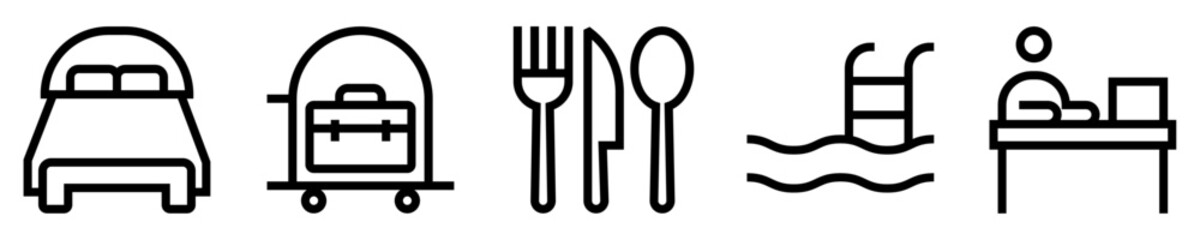 Conjunto de iconos de hotel. Alojamiento. Cama de habitación, maleta, equipaje, restaurante, utensilios, piscina, recepción. Ilustración vectorial