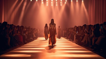 A model girl walks down the catwalk  at a fashion show - obrazy, fototapety, plakaty