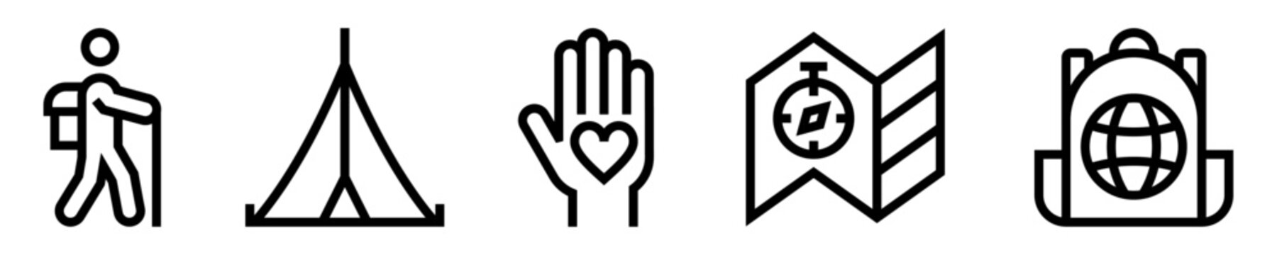 Conjunto de iconos de refugiado. Persona migrante, tienda de campana, ayuda humanitaria, br&uacute;jula, mapa, mochila. Ilustraci&oacute;n vectorial