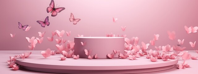 Butterfly podium background pink 3D flower pedestal rose stage cosmetic wedding platform. Background podium gold butterfly arch floral beauty spring presentation shop paper day product mockup showcase - obrazy, fototapety, plakaty
