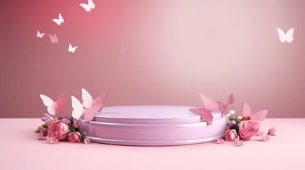 Foto auf Acrylglas Butterfly podium background pink 3D flower pedestal rose stage cosmetic wedding platform. Background podium gold butterfly arch floral beauty spring presentation shop paper day product mockup showcase © Максим Зайков