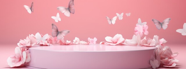 Butterfly podium background pink 3D flower pedestal rose stage cosmetic wedding platform. Background podium gold butterfly arch floral beauty spring presentation shop paper day product mockup showcase