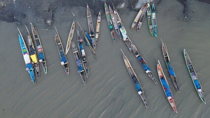 Aerial view of Boats on Limboto lake. Rowing boats drift over the waters of Lake Limboto....