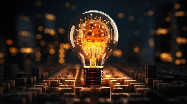 AI generated illustration of an illuminated light bulb with glowing particles on a dark background