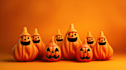 Halloween ghosts with funny pumpkin on orange background. Happy halloween holiday concept.