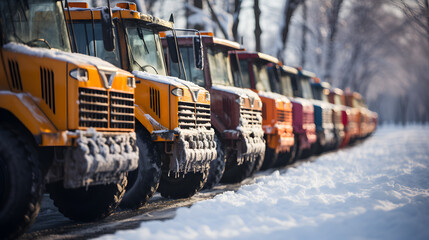snow covered cars in the city, close up row of different colors snowplows - obrazy, fototapety, plakaty
