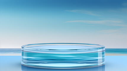  circle transparent glass podium in beach and blue sky for product presentation and green wall, 3d podium