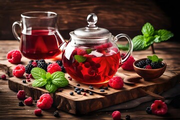 A glass teapot and cup of herbal tea with berries, raspberries, mint, and hibiscus blossoms are displayed on a wooden table. Cold vitamin drink medicine with a rustic design