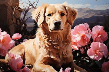 golden retriever puppy with flowers