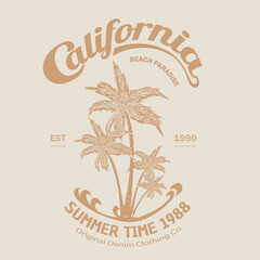 California Text prints for beach paradise vibes in vector use this prints for t-shirt , sweat shirt, California Beach Waves with Palm trees vector illustration, text with a waves illustration, - obrazy, fototapety, plakaty