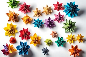 Kusudama flowers made out of origami are arranged in a row on a white background. color spectrum. homemade paper crafts. isolate the idea