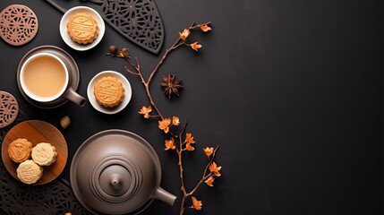 Mid-autumn festival mooncake minimalist style tea party table. Flat lay - obrazy, fototapety, plakaty
