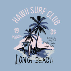 Hand Drawn summer long beach T-shirt graphic print design,  surfing adventure print design with typography, surf beach retro vintage artwork - obrazy, fototapety, plakaty