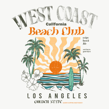 West Coast California beach club loss angels golden state text typography with summer beach vintage prints, Summer wave surf illustration with palm trees for t shirt, sweatshirt and other uses